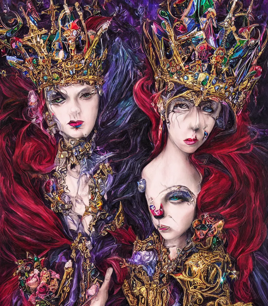 Image similar to empress of the nightmare realm vampire queen jeweled crown, exquisite oil painting, chromatic aberration