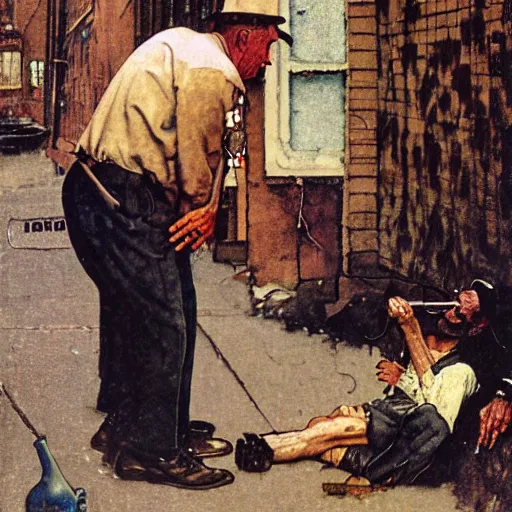 Image similar to 1 9 3 0 s hobo in a nyc alleyway giving himself an insulin shot, norman rockwell painting,