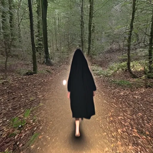 Prompt: bad quality screenshot of a leaked video of a small person dressed with a full body black robe following me through a forest trail, night time, bright camera flash, camera shaking, realistic, ultrarealistic, 4 8 0 p, scary