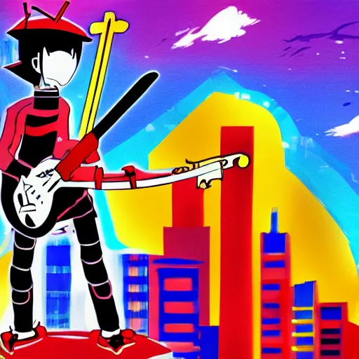 Prompt: Samurai robot guitarist from FLCL anime. City backdrop. Vibrant colors.
