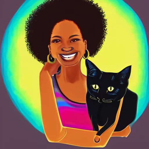 Image similar to an adult black woman, light skin, colorful ornate earrings, curly 3 c black hair, smile on her face, brown eyes, holding her small black bombay cat in the style of alex grey, trending on art station 8 k