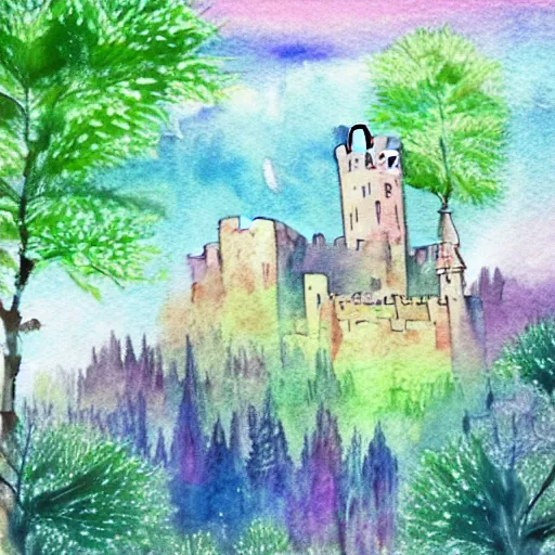 Prompt: castle flying in the sky, covered in plants and trees, watercolor art, soft colors, low saturation, high luminosity, pastel palette