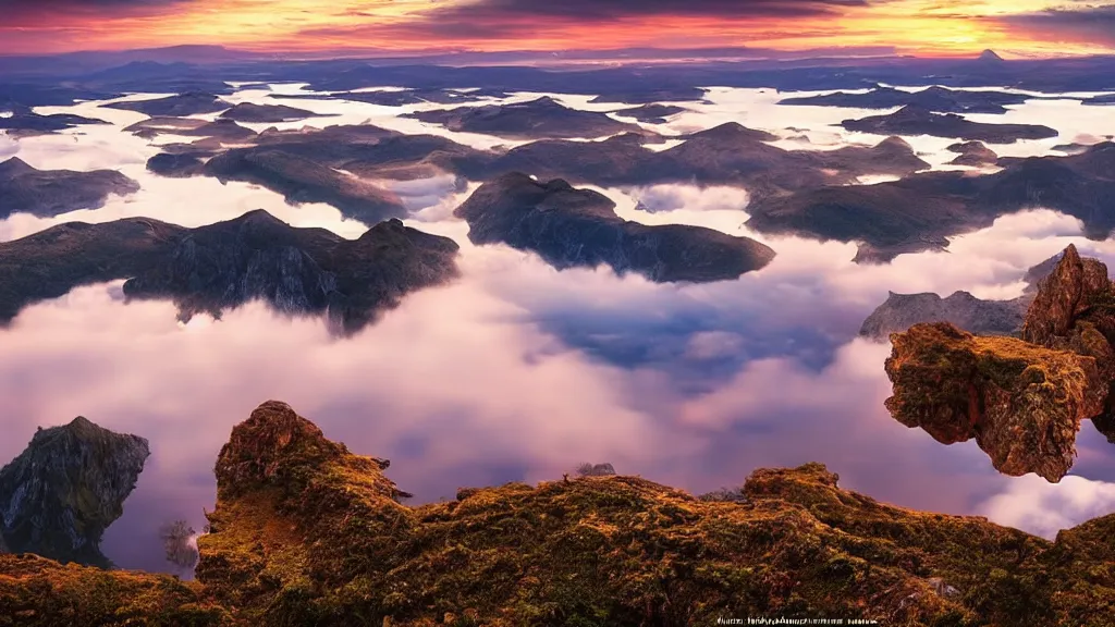 Image similar to amazing landscape photo of a flying island above a lake, above the sky, above clouds, in sunset by marc adamus, beautiful dramatic lighting