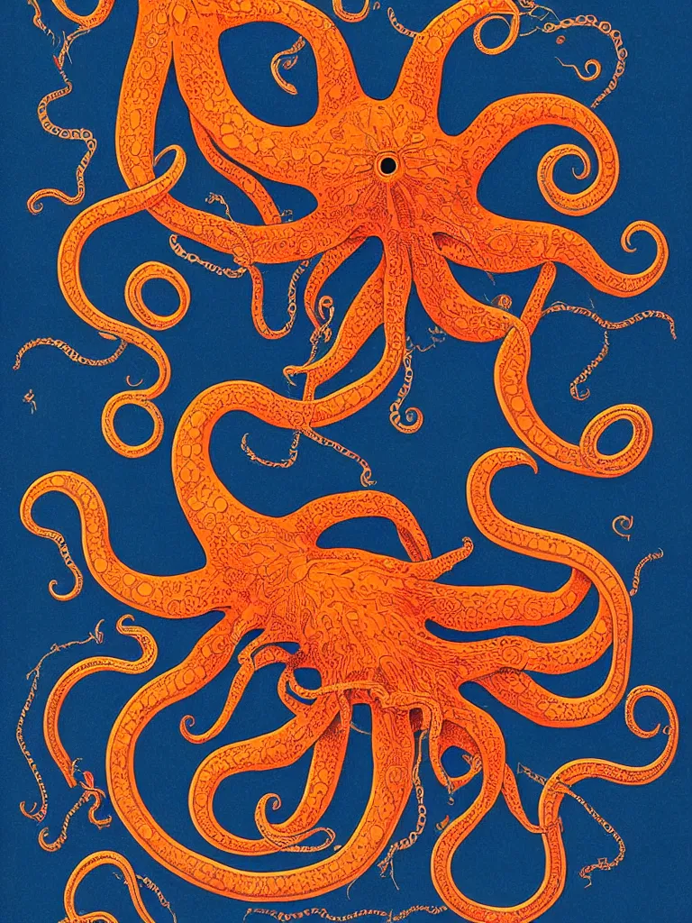 Prompt: a high detail book illustration of an neon orange octopus floating in the dark navy blue sky, symmetrical characteristics, fibonacci, biomechanical art by ernst haeckel