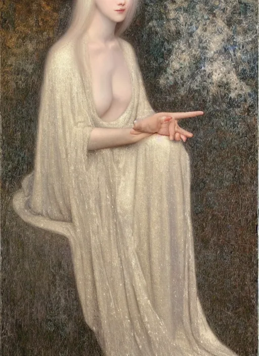 Image similar to thin young beautiful girl with silver hair, pale!, wearing robes, wearing hair, golden goddess, young cute wan korean face, silver hair!!, oil on canvas, style of jean delville, 4 k resolution, aesthetic!,