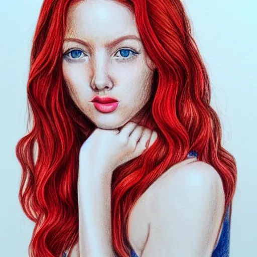 Image similar to full body detailed colored pencil drawing of a beautiful red haired woman with a beautiful face, high detail, intricate clothing