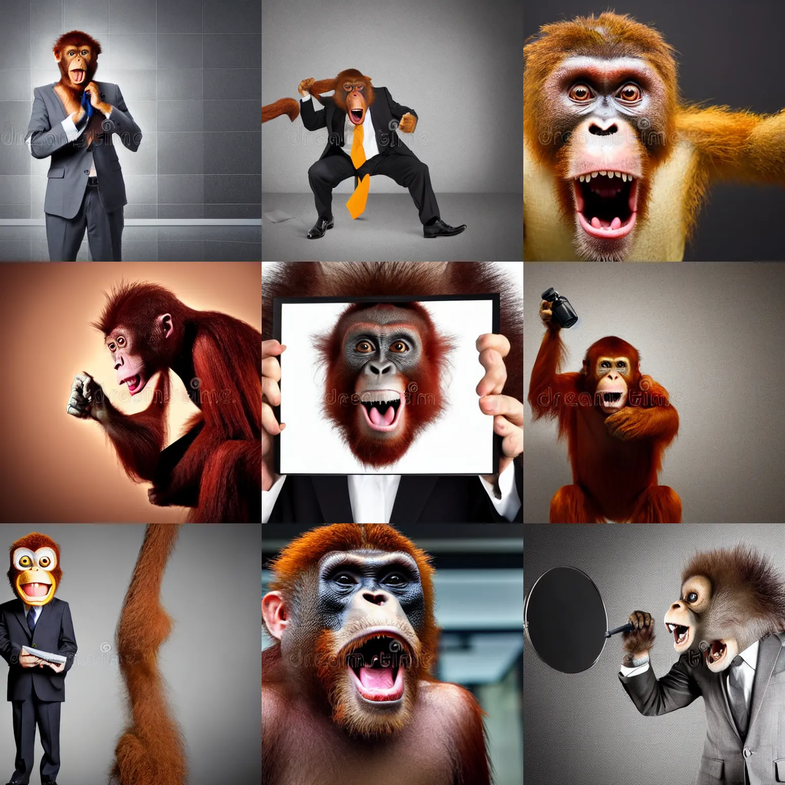 Prompt: angry screaming business monkey in a business suit orangutan, wearing a suit, holding a briefcase, standing in front of a mirror, yelling, mirror, angry at mirror, photograph 5 5 mm zeiss f / 4 award winning photograph stock photo, film still by denis villeneuve