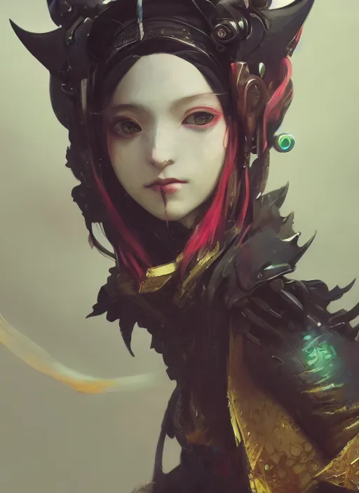 Image similar to matte painting, by yoshitaka amano, by ruan jia, by conrad roset, by good smile company, detailed anime 3d render of a female jester android, portrait, cgsociety, artstation, quirky mechanical costume and grand headpiece, surreal mystical atmosphere