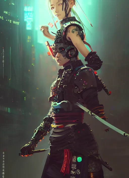 Image similar to cyberpunk samurai girl, battle pose, neon swords, beautiful, detailed portrait, intricate complexity, concept art by krenz cushart, kyoto animation, wlop, 8 k, beautiful, cinematic dramatic atmosphere, sharp focus, award winning