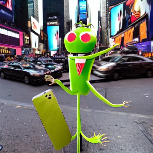 Prompt: photo of an anthropomorphic praying mantis executive wearing a business suit holding a latte and talking on a cellphone in times square