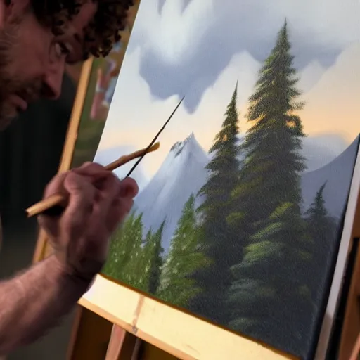 Prompt: a closeup photorealistic photograph of bob ross working on a canvas painting of dark knight. film still. brightly lit scene. mountains and trees. this 4 k hd image is trending on artstation, featured on behance, well - rendered, extra crisp, features intricate detail, epic composition and the style of unreal engine.