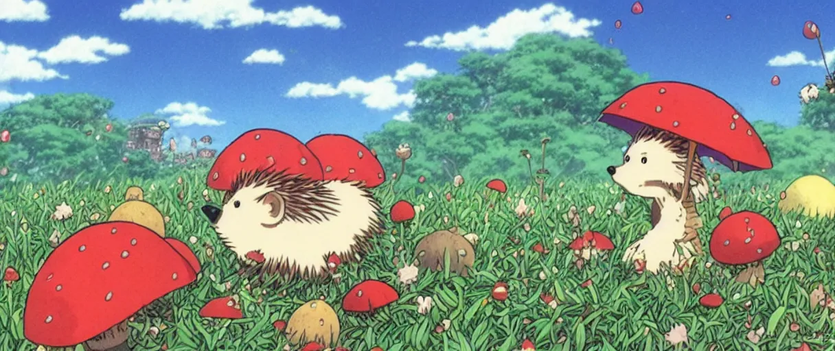 Image similar to anime by hayao miyazaki, hedgehog with purple needles hides under fly agaric from the rain