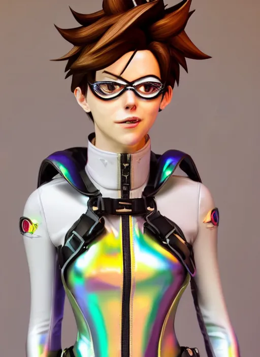 Prompt: portrait bust digital artwork of tracer overwatch, wearing white iridescent rainbow latex and leather straps catsuit outfit, 4 k, expressive happy smug expression, makeup, in style of mark arian, angel wings, wearing detailed black leather collar collar collar collar, chains, black leather harness, detailed face and eyes,