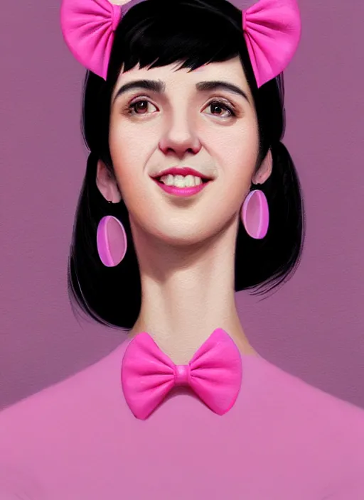 Image similar to portrait of high school girl, realistic, black hair, bangs, half updo hairstyle, pointy nose, skinny, smile, ugly, defined jawline, big chin, pink hair bow, earrings, intricate, elegant, glowing lights, highly detailed, digital painting, artstation, sharp focus, illustration, art by wlop, mars ravelo and greg rutkowski