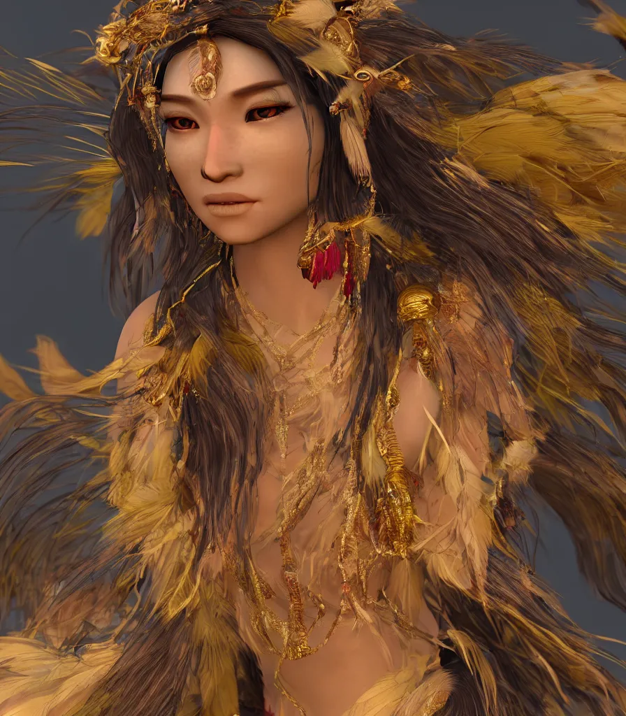 Prompt: closeup photoshoot of asian goddess of bliss and honey, feathers hair, silk flowing in wind, totemic ritualistic tarot sigils embedded in ruby skin, photoreal, unreal engine, redshift render, trending on artstation