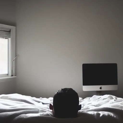 Prompt: a man, alone in his bedroom, staring at his imac