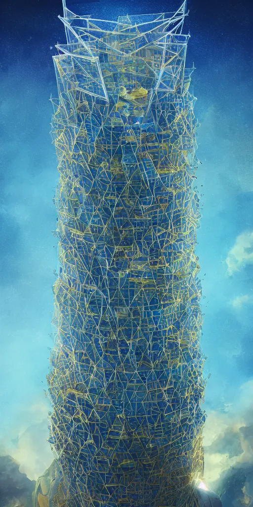 Prompt: colossal parallax tower of babel made by the magnificent transparent glass with ray light reflection, blue, light blue and gold tones, fantasy aesthetic, wonderful ink illustration, denoise, realism, high details, 4 k, post - processing