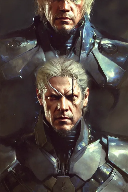 Image similar to raiden from metal gear solid 4 portrait dnd, painting by gaston bussiere, craig mullins, greg rutkowski, yoji shinkawa