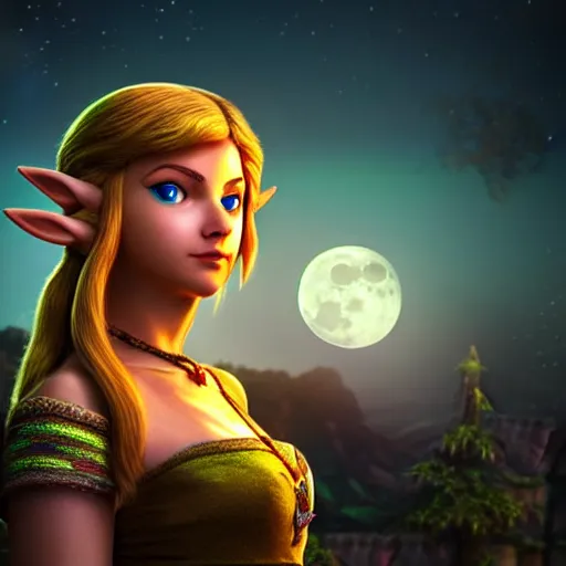 Prompt: portrait of zelda under the moon in a romantic scene, fantasy style, octan render, ultra realistic, beautiful nightscene