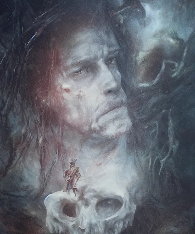 Image similar to ultra realistic color portrait painting of a tranparent 1 7 th century pirate ghost with a sword in a grotto, dark, painted, brooding, atmospheric, seascape, horror, smooth, epic, highly detailed, cinematic, by leesha hannigan, ross tran, thierry doizon, kai carpenter