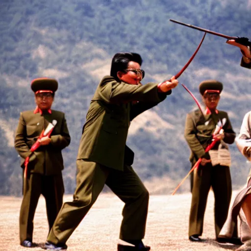 Image similar to filmstill of Kim Jong-il wearing a bandana on his forehead and aiming with a bow in the role of John Rambo, cinemascope, Eastman Color Negative 50T 5251 Neg. Film