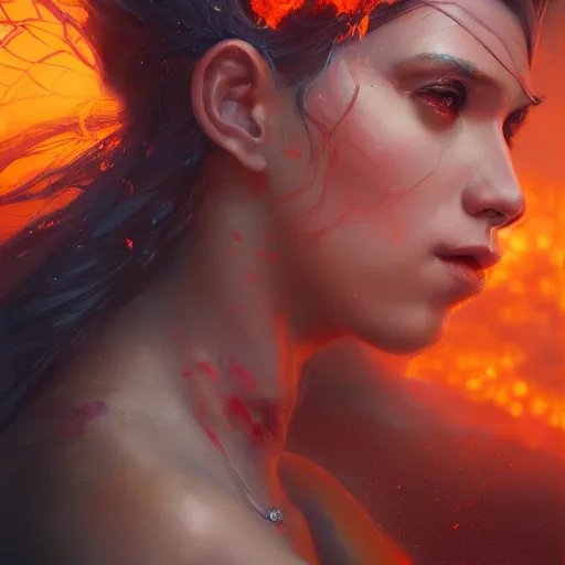 Image similar to a beautiful portrait of a fire goddess, flaming background, a detailed painting by greg rutkowski and raymond swanland, featured on cgsociety, fantasy art, detailed painting, artstation hd, photorealistic