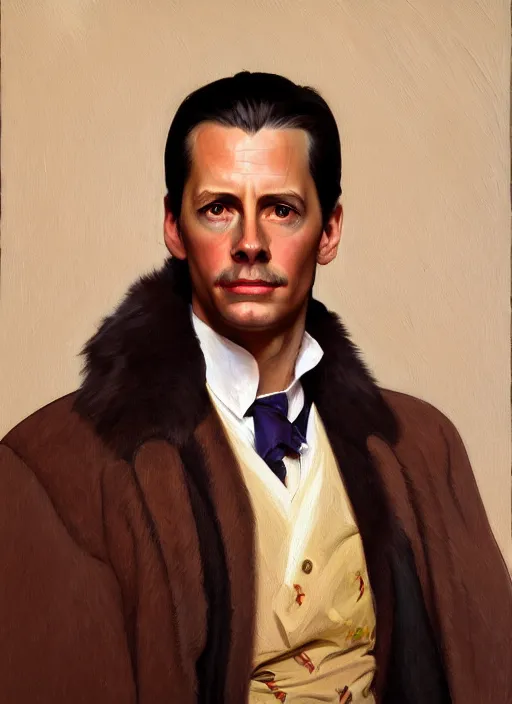 Image similar to oil portrait of miles edgeworth, intricate, elegant, highly detailed, lighting, painting, artstation, smooth, illustration, art by greg rutowski and alphonse mucha