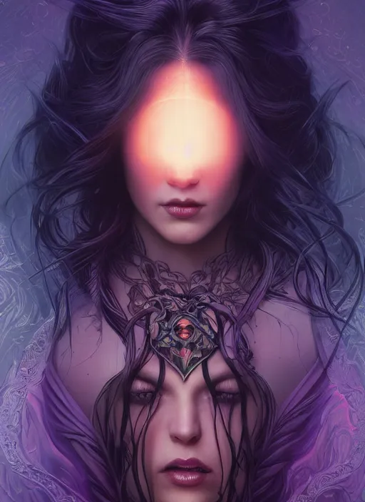 Image similar to book cover, front portrait, dark witch with black hood and evil eyes, realism, soft, smooth, luminescent, art nouveau tarot, backlit glow, colorful swirly ripples, gaudy colors, aesthetic octane render, unreal engine, 8 k, by artgerm, greg rutkowski, alphonse mucha