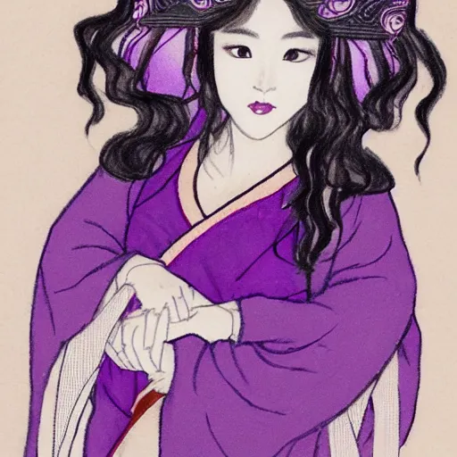 Prompt: drawing of an east asian woman with long, dark purple, curly hair, fox ears, and in a purple hanfu