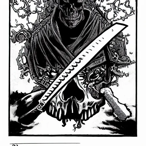 Prompt: A skull with a sword through it. Centered, Dark Fantasy, Film Noir, Black and White. High Contrast, Mike Mignola, D&D, OSR
