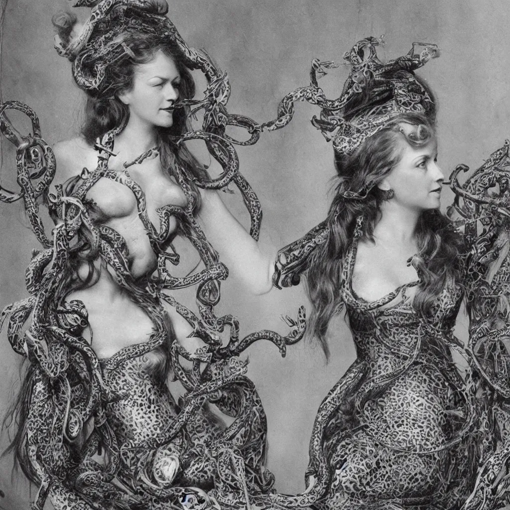 Prompt: a victorian age realistic photo of a woman like Pamela Anderson with intricate ornament snakes like hair, dagherrotype, wallpaper, hyper realistic, hyper detailed