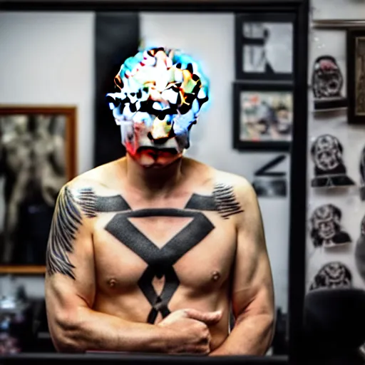 Image similar to putin at a tattoo shop. getting a tattoo of the letter z on his chest. canon eos r 3, f / 1. 4, iso 2 0 0, 1 / 1 6 0 s, 8 k, raw.