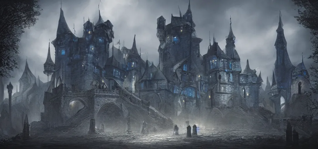 Image similar to A digital concept art painting of a dark blue medieval fantasy european ghotic castle with black brick in desert, 4K UHD image, unreal engine, Graphic Novel, Visual Novel