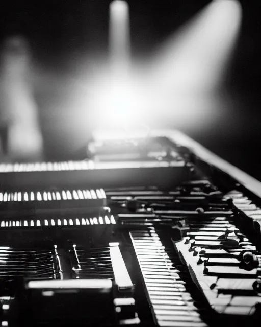 Prompt: photo portrait of modular synth rack and kraftwerk manequin closeup documentary movie trending on artstation Flickr depth of field cinematic lens flare backlit smoke detailed