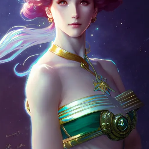 Image similar to Sailor Neptune, fantasy, intricate, elegant, highly detailed, digital painting, artstation, concept art, matte, sharp focus, illustration, art by Artgerm and Greg Rutkowski and Alphonse Mucha