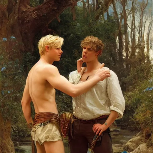 Image similar to attractive male, arthur pendragon who has blond hair confesses his love to attractive male, merlin who has dark hair. highly detailed painting by gaston bussiere, craig mullins, j. c. leyendecker 8 k