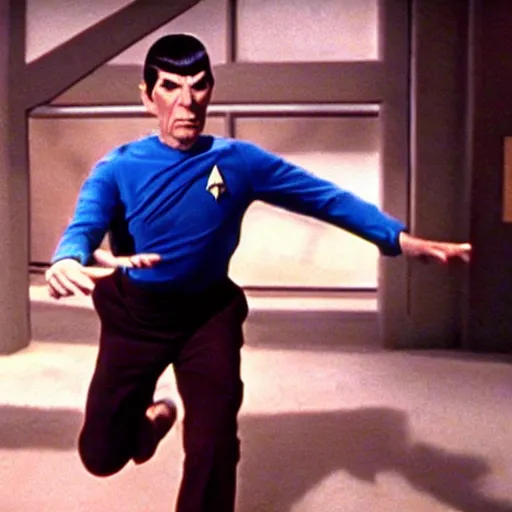 Image similar to A screenshot of Spock in a slapstick movie, action shot