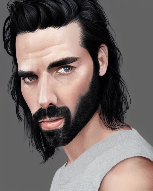 Image similar to portrait of tall, 3 3 - year - old handsome man with long dirty black hair, and ice grey eyes, wearing black clothes, no beard, hyper realistic face, beautiful eyes, character art, art by mark brooks, hyperdetailed, cryengine, trending on artstation, digital art