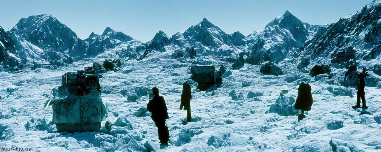 Image similar to the frozen tundra on an alien planet, mountains in the background, carbon based life forms playing, national geographic, canon 5 0 mm, cinematic lighting, photography, retro, film, kodachrome