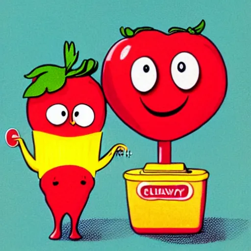 Image similar to a cartoon strawberry with big eyes, arms and legs, drooling, holding a bright yellow tooth brush, in the style of little golden books