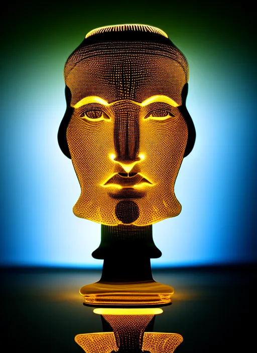 Image similar to ( beautiful queen chess piece ( top is bioluminescence ) ( bottom is parametric ) ), reflection of led lights, algorithmic, intricate detail, futuristic, very detailed, highly detailed background, sharpfocus, photorealism, soft diffuse autumn lights, some sun light ray, dark room wall, canon 5 d 5 0 mm lens