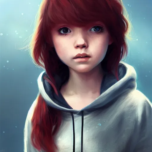 Image similar to a cute tiny girl with short red hair wearing a hoodie, digital art, very beautiful face, pretty face, very detailed eyes, full body illustration, 8 k resolution, soft painting, by greg rutkowski, wlop, rossdraws,