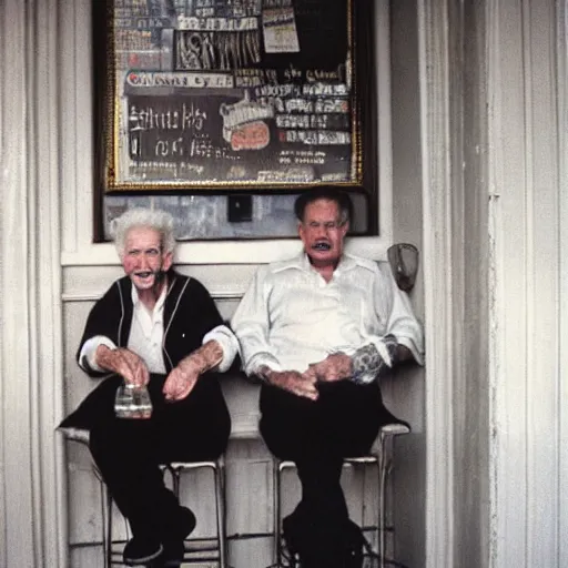 Image similar to old gay couple on a bar photographed by nan goldin, 8 0 s