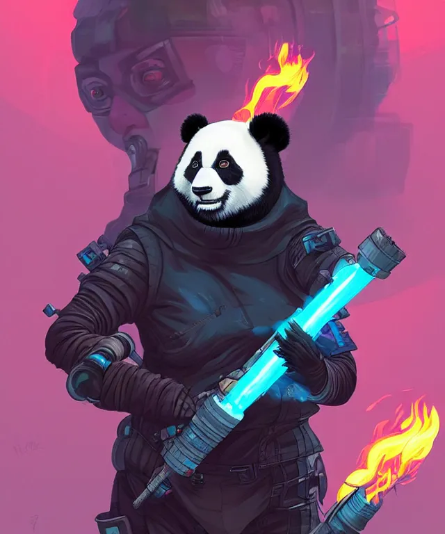 Image similar to a portrait of a cyberpunk panda holding a flamethrower, fantasy, elegant, digital painting, artstation, concept art, matte, sharp focus, illustration, art by josan gonzalez