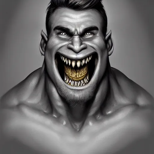 Image similar to Extremely funny face of very manly Gigachad with very big jaws, big eyebrows, smile like trollface jaw tilted on side, painting on grey scale face, powerful , magic, thunders, dramatic lighting, intricate, wild, highly detailed, digital painting, artstation, concept art, smooth, sharp focus, illustration, art by artgerm and greg rutkowski and alphonse mucha, footage