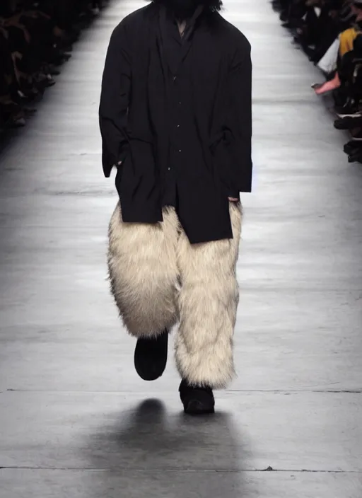 Prompt: The Yeti walking down the runway dressed in Yohji Yamamoto clothes