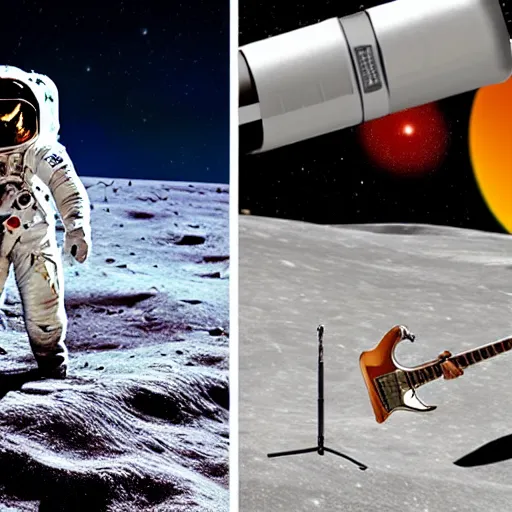 Prompt: a photo of a detailed, realistic, idle, regular sized electric guitar next to a beer can next to an astronaut sitting on the moon surface. detailed photo. realistic photo