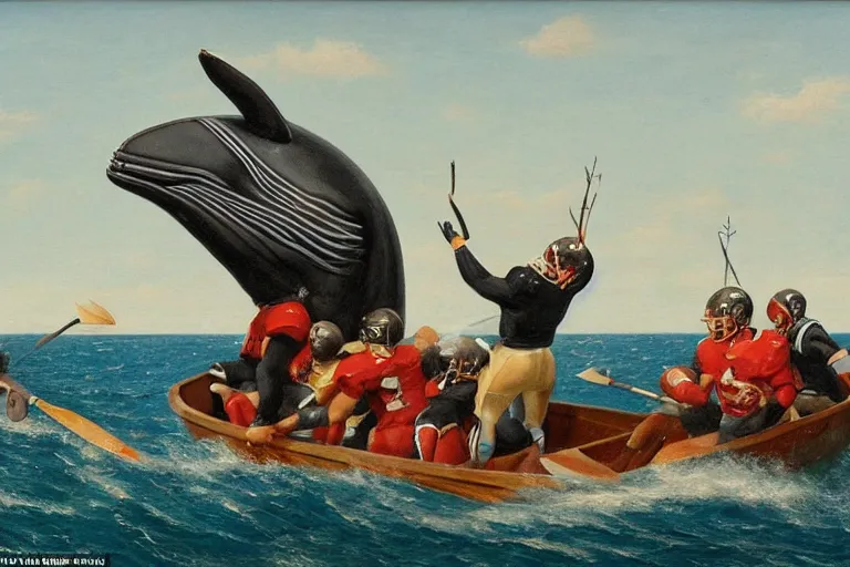 Image similar to a rowboat filled with nfl players in football helmets and pads, one has a harpoon, they are chasing a whale, american oil painting