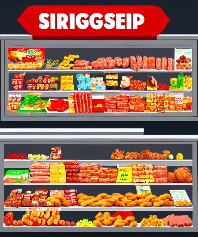 Image similar to digital painting of frozen food shop,like sausage,beef,nugget,etc,with interesting look,picture for website ads,details,photorealistic and make people hungry!,