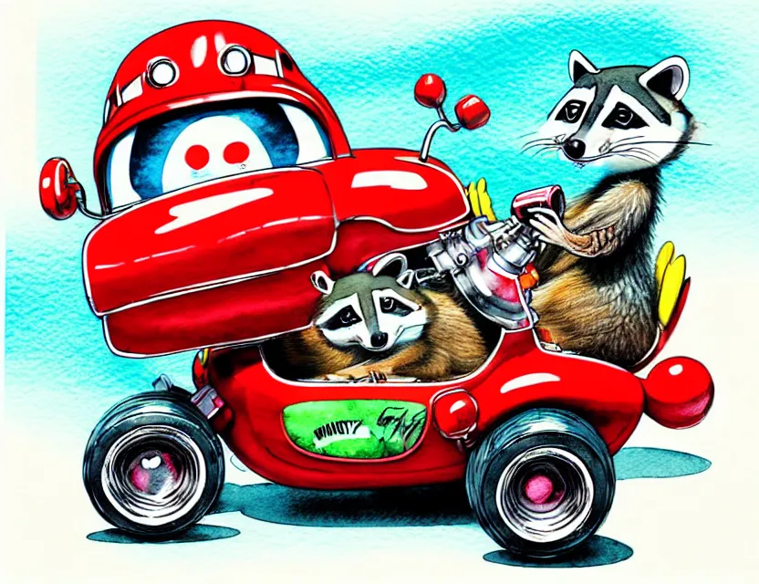 Prompt: cute and funny, { racoon wearing a red helmet } riding in a tiny hot rod with oversized engine, ratfink style by ed roth, centered award winning watercolor pen illustration, isometric illustration by chihiro iwasaki, edited by range murata, tiny details by artgerm and watercolor girl, symmetrically isometrically centered
